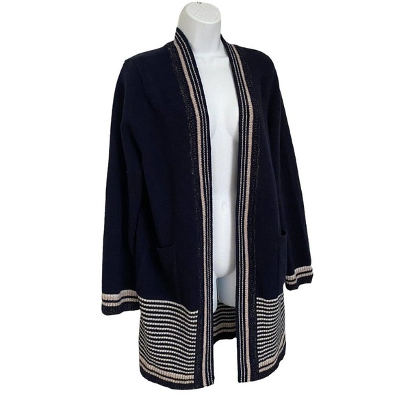 SUNCOO PARIS WOOL OPEN FRONT SWEATER Cardigan Navy Metallic Striped Medium - Picture 1 of 12